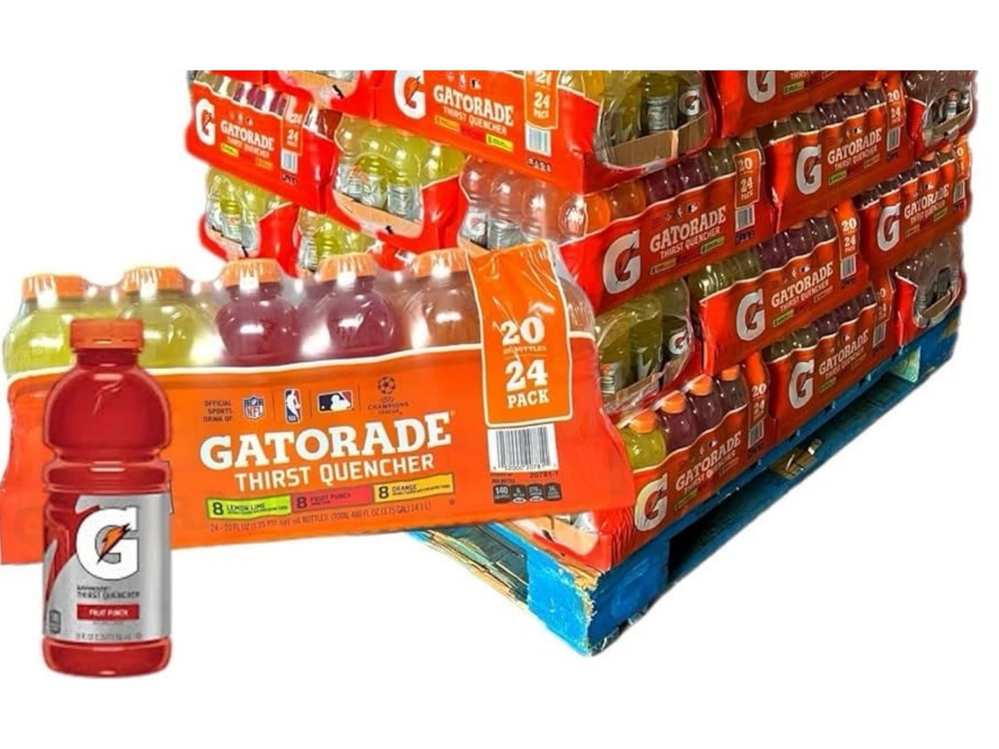 Full Pallet Members Mark 16.9 oz/40 per case (48 cases) 1920 total bottles & Half Pallet Gatorade Variety Pack 20oz/24 bottles per case (27 cases) 648 total bottles *2568 total drinks*