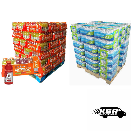 Full Pallet Gatorade Variety Pack 20 oz/24 bottles per case (54 cases/pallet) 1,296 total bottles & Full Pallet Members Mark 16.9 oz/40 per case (48 cases) 1,920 total bottles *3,216 total drinks*