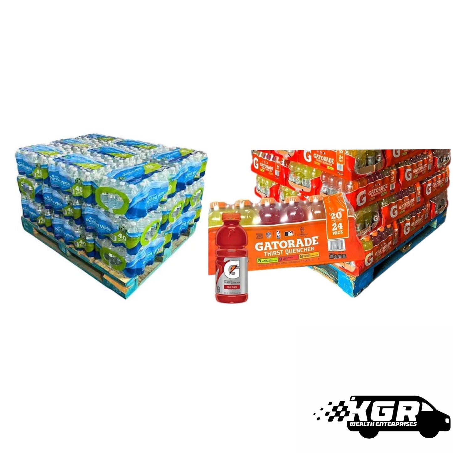 Half Pallet Members Mark 16oz/40 bottles per case (24 cases) 960 total bottles & Half Pallet Gatorade Variety Pack 20oz/24 bottles per case (27 cases) 648 total bottles *1608 total drinks*