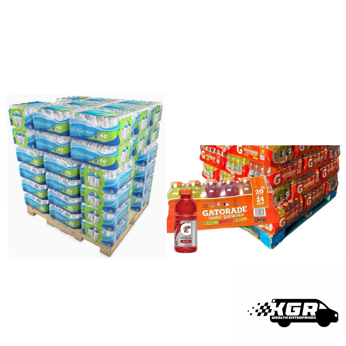 Full Pallet Members Mark 16.9 oz/40 per case (48 cases) 1920 total bottles & Half Pallet Gatorade Variety Pack 20oz/24 bottles per case (27 cases) 648 total bottles *2568 total drinks*