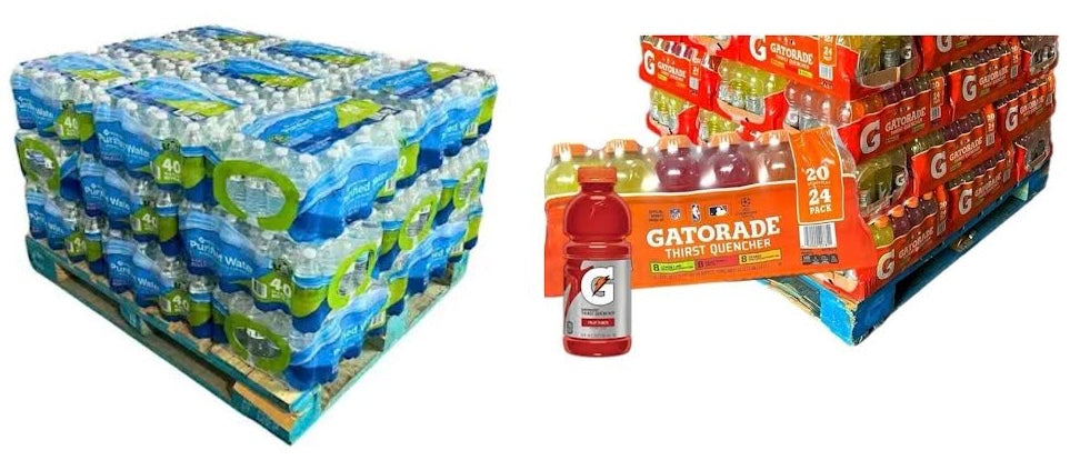 Half Pallet Members Mark 16oz/40 bottles per case (24 cases) 960 total bottles & Half Pallet Gatorade Variety Pack 20oz/24 bottles per case (27 cases) 648 total bottles *1608 total drinks*