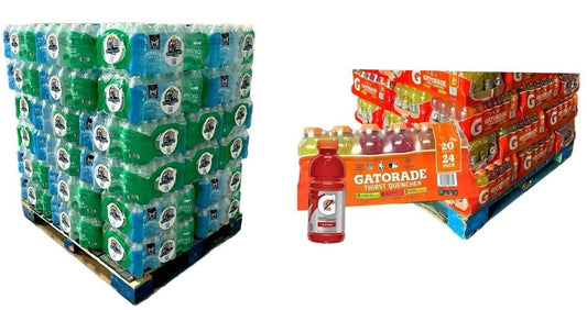 Full Pallet Members Mark 16.9 oz/40 per case (48 cases) 1920 total bottles & Half Pallet Gatorade Variety Pack 20oz/24 bottles per case (27 cases) 648 total bottles *2568 total drinks*