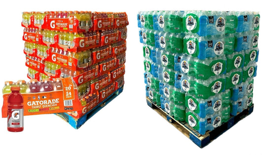 Full Pallet Gatorade Variety Pack 20 oz/24 bottles per case (54 cases/pallet) 1,296 total bottles & Full Pallet Members Mark 16.9 oz/40 per case (48 cases) 1,920 total bottles *3,216 total drinks*