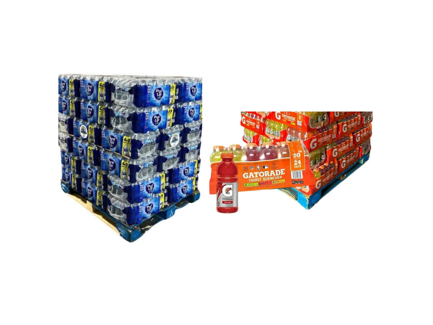 Full Pallet Pure Life 16.9 oz/40 per case (48 cases) 1920 total bottles & Half Pallet Gatorade Variety Pack 20oz/24 bottles per case (27 cases) 648 total bottles *2568 total drinks*