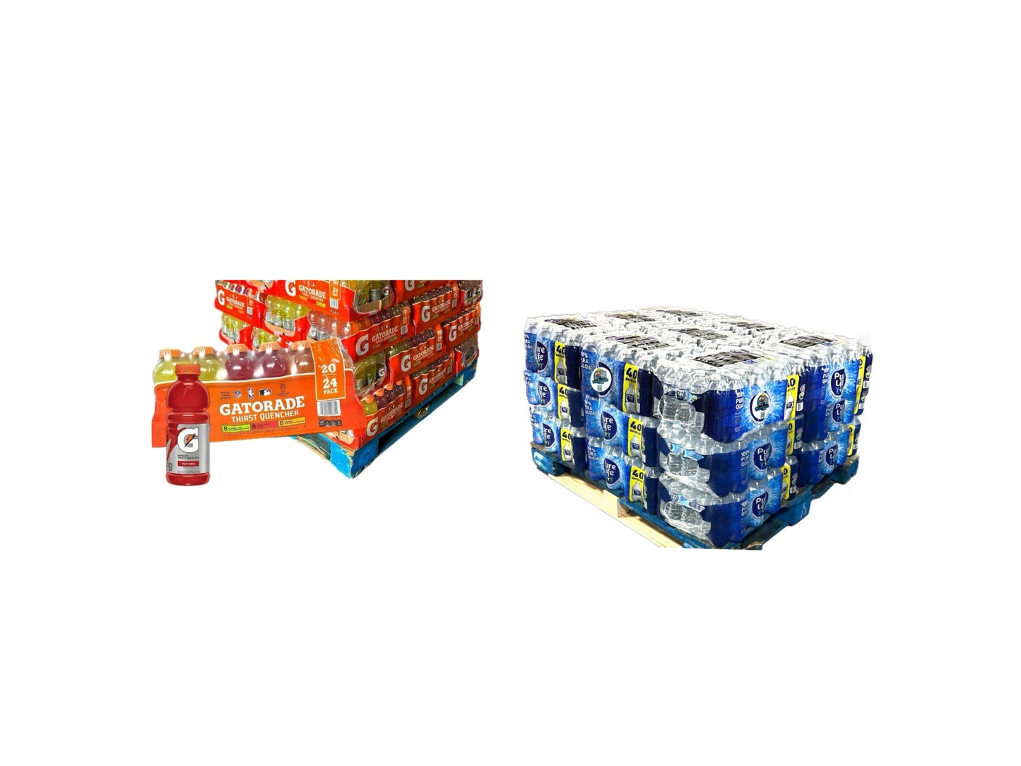 Half Pallet Pure Life Water 16.9oz/40 bottles per case (24 cases) 960 total bottles & Half Pallet Gatorade Variety Pack 20oz/24 bottles per case (27 cases) 648 total bottles *1608 total drinks*