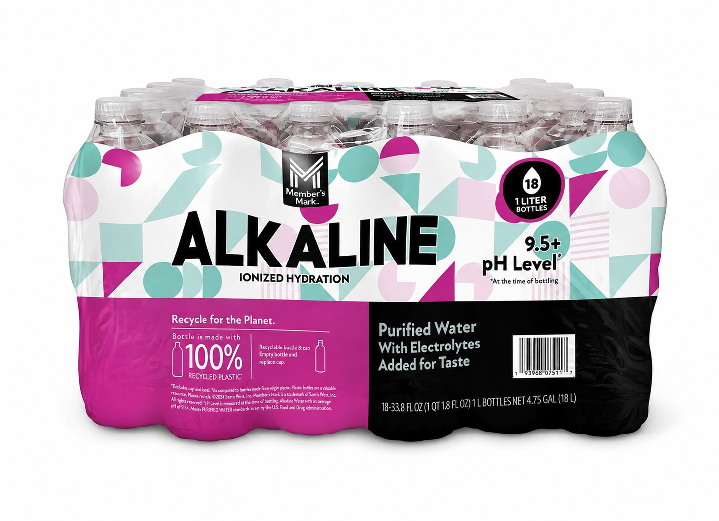Member’s Mark Plus+ Alkaline Water 1L HALF PALLET — 20 Cases / 360 Bottles
